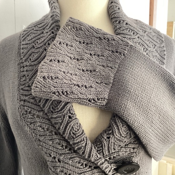 Sigrid Olsen gray cotton knit shawl collar/ open knit peplum and belled cuffs M - Picture 5 of 9